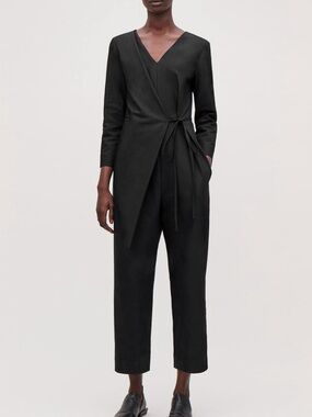 COS cotton blend Asymmetrical long sleeve Black wrap jumpsuit